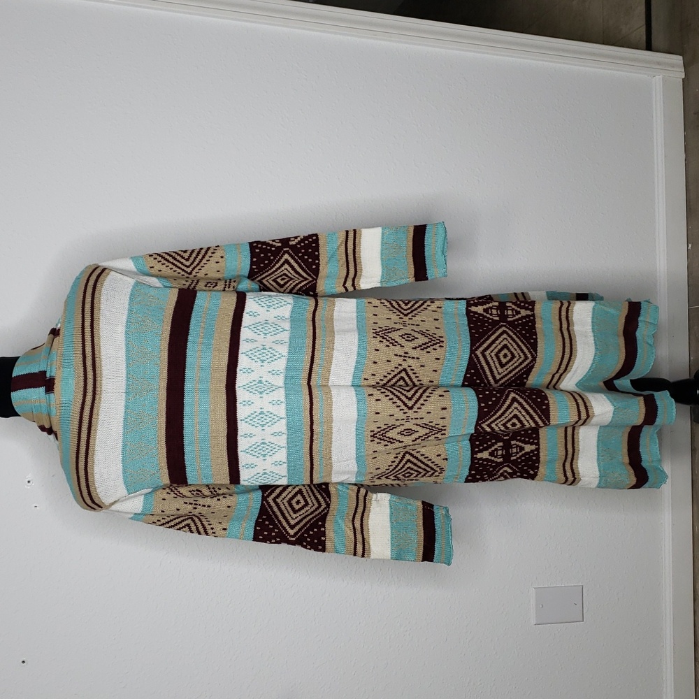 Love Cotton Knit Southwestern Asymmetric Long Line Open Front Cardigan Size M/L - Picture 7 of 14